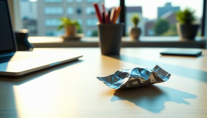 Naklejka premium A laptop is on a desk with a silver piece of paper on it. The paper is crumpled and has a shadow on the desk. The scene suggests a moment of frustration or disappointment