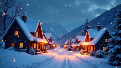Charming snow covered town, Christmas eve, glowing windows, idyllic, glowing, eve
