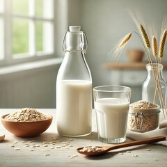 Delicious Oat Milk in Glass Bottle Glass Healthy Vegan Beverage Grains