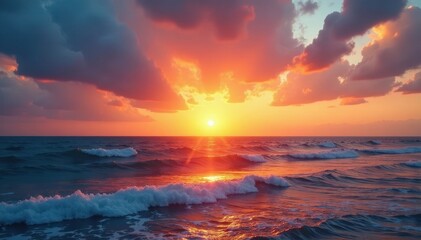 Golden hour sunrise paints the sky vibrant hues reflecting on calm ocean waves , calm, travel, photography