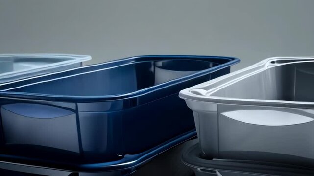 Colorful arrangement of plastic storage containers in graduated tones on a smooth surface, household organization solutions, space-saving design, and minimalist aesthetic