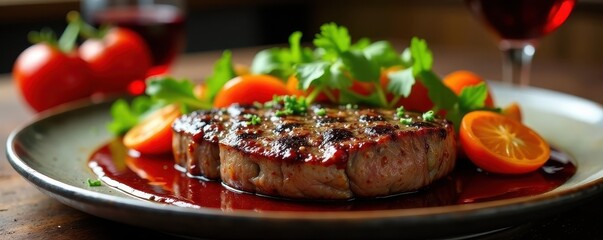 Juicy steak, vibrant roasted vegetables, rich sauce, wine , beef, delicious