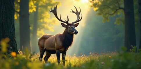 Majestic stag, antlers reaching skyward, lush forest, animal portrait, intricate antlers