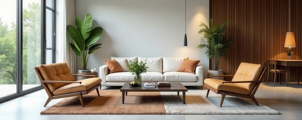 Sleek chairs & glass coffee table in contemporary living room, contemporary design, interior