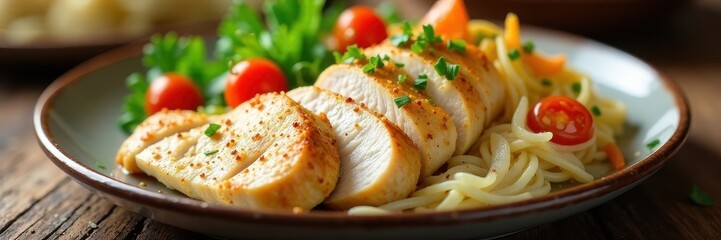 Sliced chicken breast with medley of steamed vegetables , overhead, food styling, diet food