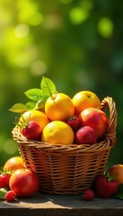 Sun-drenched vibrant fruits overflowing wicker basket, juicy, green