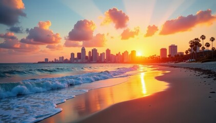Sun-kissed San Diego skyline from Coronado beach , stock photo, image, San Diego