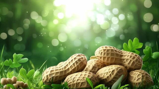 Tranquil Peanut Cluster: A Natural Food Still Life with Bokeh and Lush Greenery