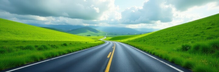 Winding asphalt road disappearing into a lush green landscape against a cloudy sky , color, cloud, green