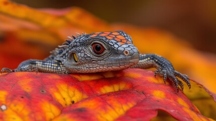 Fototapeta premium Red-eyed lizard resting on autumn leaf