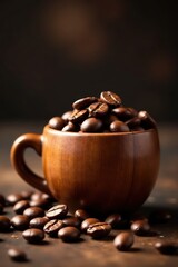 Wooden cup overflowing with dark roasted coffee beans , aroma, brew