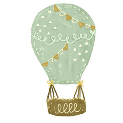 Cute green mint pastel color scandinavian nordic hot air balloons with bunting flag doodle birthday kids crayon watercolor illustration air transportation design clipart png sticker