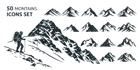 Vector Mountain Icons – Abstract & Realistic Mountain Symbol Set (50 Icons)