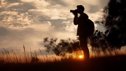 Photographer silhouette capturing golden sunset landscape with tall grass and dramatic sky, travel hobby nature photography adventure