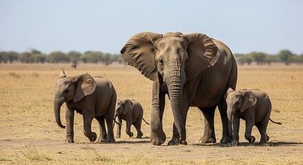 Obraz premium A Majestic Elephant Family Journeying Across the African Savannah A Breathtaking View of Wildlife and Nature The Strong Bonds of the Elephant Herd