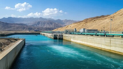 Obraz premium Modern water treatment plant infrastructure against the backdrop of mountains