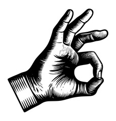 A detailed black and white woodcut style illustration of a hand making the "OK" gesture.