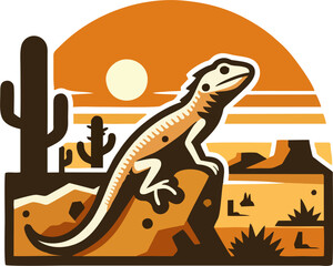 Vintage Desert Lizard Vector Illustration with Sunset, Rock, and Cactus in Southwestern Style