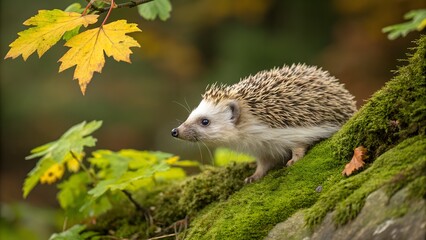 a hedgehog in a natural setting. The hedgehog, with its distinctive spiky quills, is positioned slightly off-center, facing the camera. Its quills are a mix of brown and white, creating a textured app