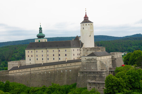 Burg castle with towers and fortifications in Austria. Medieval castle towers and fortification stone walls. Austrian fortification castle. Medieval Castle in Europe, Vienna. Forchtenstein Castle