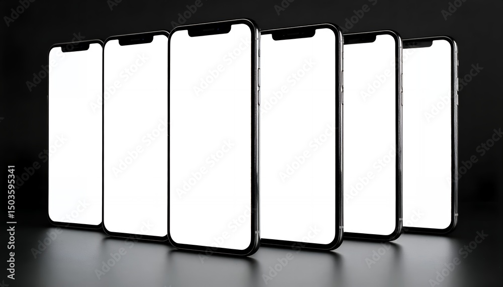 Wall mural modern smartphones lined up with a blank white screen for easy customization. perfect for app presen