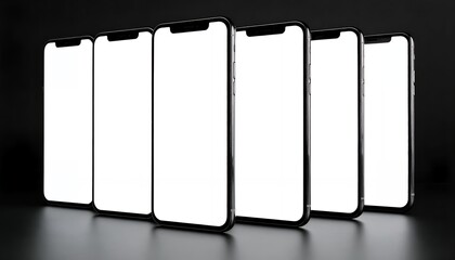 Modern smartphones lined up with a blank white screen for easy customization. Perfect for app presentations or UI/UX designs.