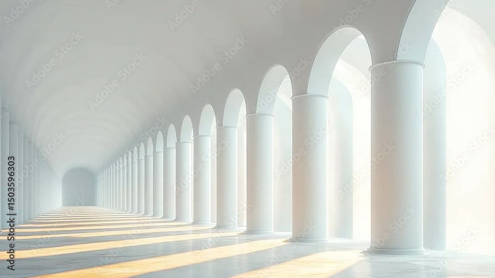 Poster Serene Architectural Corridor: A majestic corridor with a series of pillars and arches, bathed in soft light, creating a sense of depth and tranquility. A symbol of endless possibilities.