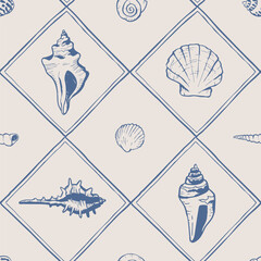 Tiles with seashells marine checkered pattern. Hand drawn seamless illustration with shells. Sea net doodle. Line art drawing graphic background.
