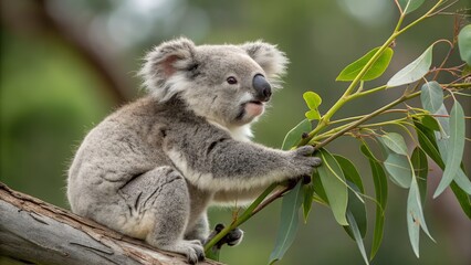Obraz premium a young koala perched on a tree branch. The koala has a fluffy, grey fur coat with a lighter shade on its chest and ears. Its round, dark eyes and black nose are prominent against its soft fur