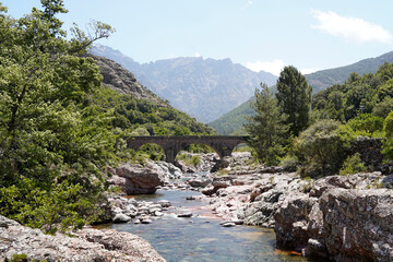 Scenic view of a stone arched bridge over a river, mountains in the background. Vallée du Fango - U Valle di u Fangu, Corsica