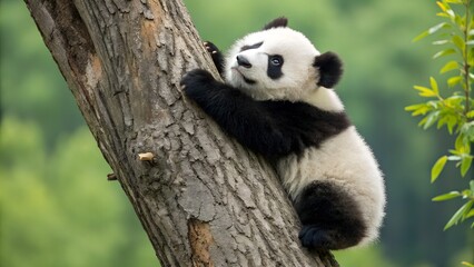 Fototapeta premium a young panda bear clinging to a tree trunk. The panda has a distinctive black and white fur pattern, with black ears, eye patches, and limbs, and a white face and body 
