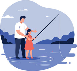 Father Teaching Daughter Fishing by Lake in Calm Blue Evening Vector Illustration 