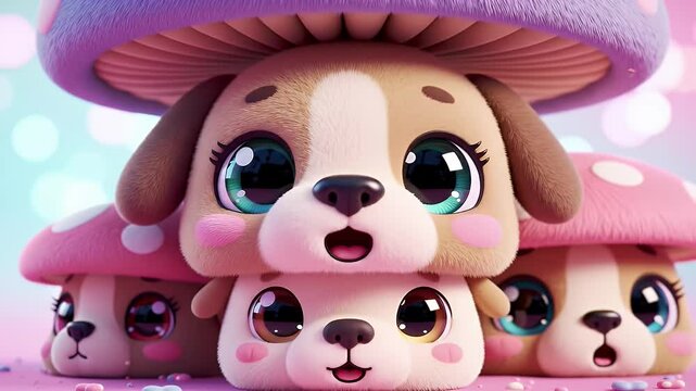 Charming Stacked Kawaii Dogs Under Pastel Mushroom Caps a 3D Rendered Cartoon Style Scene With Playful Textures in Cream Pink and Blue Tones Perfect for Children's Themed Designs