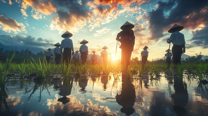 A group of farmers in traditional Vietnamese attire