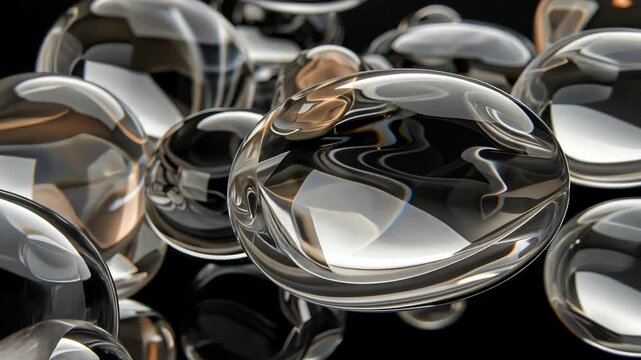 Abstract image of translucent, spherical objects.  Interconnected, reflective surfaces create a dynamic, 3D effect