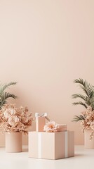 Pastel Pink Gift Boxes with Flowers and Plants