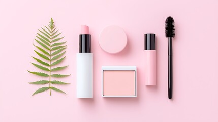 Pastel Pink Makeup Flatlay with Fern