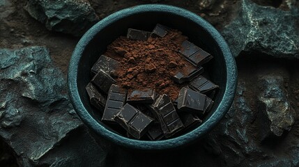 Obraz premium Dark chocolate pieces in a bowl, dusted with cocoa powder, on a rocky surface