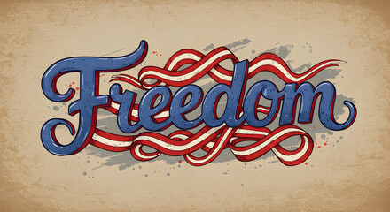 Naklejka premium Artistic illustration of the word freedom with patriotic colors on a textured background.