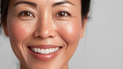 Close-up portrait of a smiling woman with glowing skin.