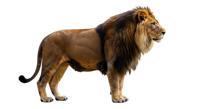 close up a big lion looking fierce, front side view on an isolated background	
