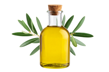 Glass Olive Oil Bottle with Cork Cap and Olive Branch, isolated on a transparent background
