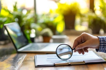 Magnifying glass over report, laptop & indoor plants on wooden desk, hand in focus, bright sunny background.