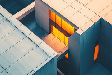 Modern architectural structures with illuminated windows and geometric composition