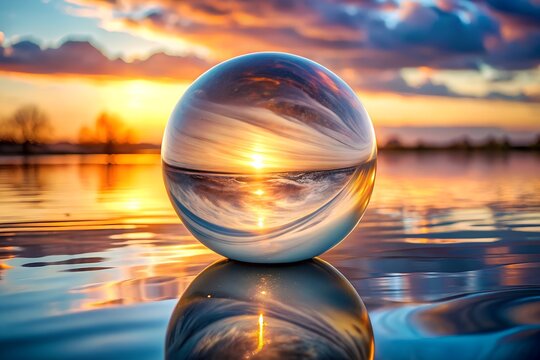 Crystal ball placed on calm lake reflecting vivid sunset hues symbolizing serene beauty and tranquil golden hour atmosphere