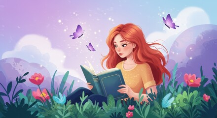 Young girl with long red hair reading a book in a lush, colorful landscape