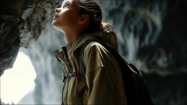 Young girl explorer with backpack looks up in awe at stone formations inside dark mountain cave, on sunny day, travel adventure concept