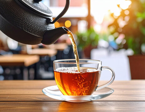 A steaming stream of freshly brewed tea is being poured from a black teapot into a clear glass cup on a wooden table in a cozy café setting.