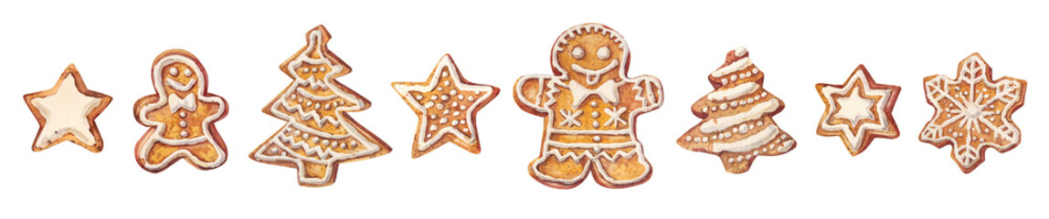 Watercolor set with Christmas gingerbread man star tree and snowflake isolated on white background. Celebration winter New Year dessert food for menu. Clipart with cookie for wallpaper or wrapping