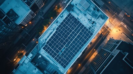 Aerial view of urban rooftop with solar panels at dusk